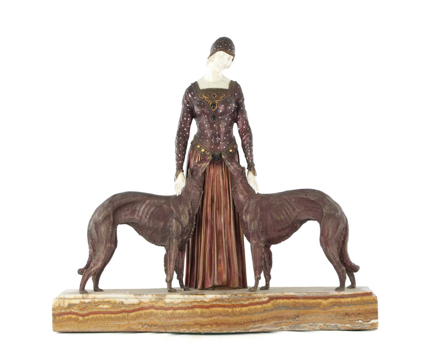 Lot 740 - AFTER CHIPARUS. A LARGE ART DECO STYLE PAINTED BRONZE AND IVORINE SCULPTURE