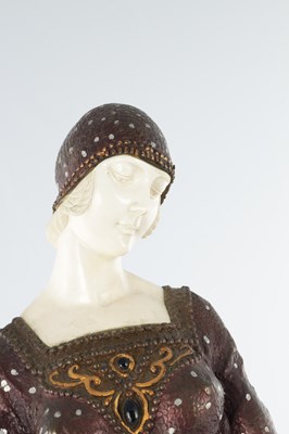Lot 740 - AFTER CHIPARUS. A LARGE ART DECO STYLE PAINTED BRONZE AND IVORINE SCULPTURE