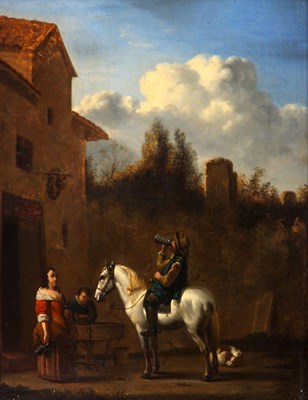 Lot 280 - AN 18th CENTURY OIL ON PANEL.
 A man on...