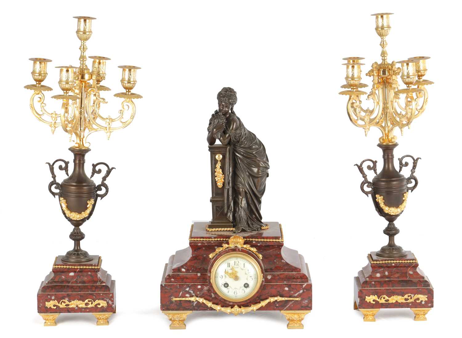 220 - A LATE 19TH CENTURY FRENCH BRONZE, ORMOLU AND ROUGE MARBLE CLOCK GARNITURE