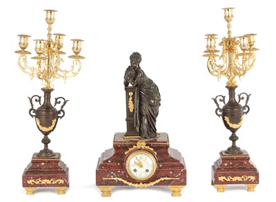 Lot 1416 - A LATE 19TH CENTURY FRENCH BRONZE, ORMOLU AND ROUGE MARBLE CLOCK GARNITURE