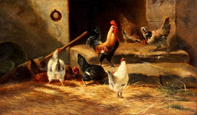 Lot 281 - OIL ON BOARD. A farm scene with hens and...