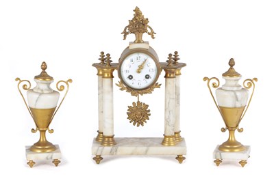 Lot 1349 - A LATE 19TH CENTURY FRENCH MARBLE AND ORMOLU CLOCK GARNITURE