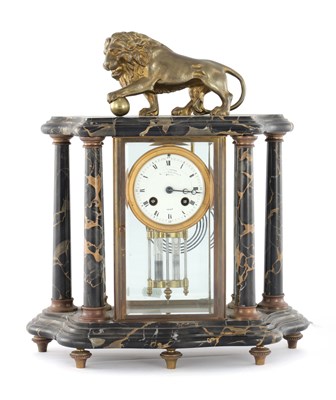 Lot 1431 - A LATE 19TH CENTURY FRENCH MARBLE AND BRONZE FOUR-GLASS MANTEL CLOCK