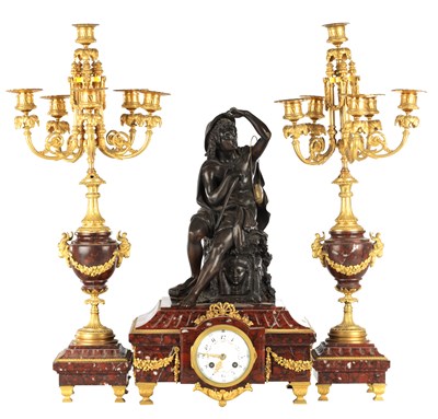 Lot A LATE 19TH CENTURY FRENCH BRONZE ORMOLU AND ROUGE MARBLE MANTEL CLOCK