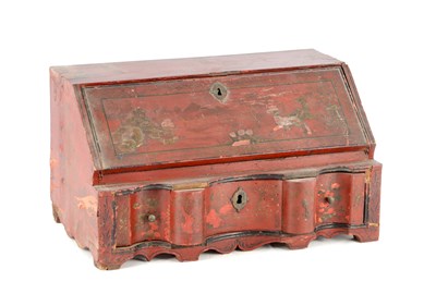 Lot 1650 - A QUEEN ANNE SCARLET LAQUER CHINOISERIE TABLE BUREAU