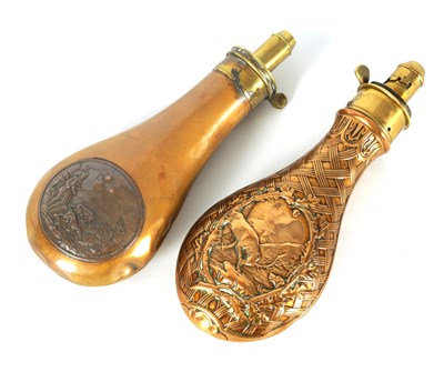Lot 695 - TWO 19TH CENTURY COPPER AND BRASS POWDER FLASKS
