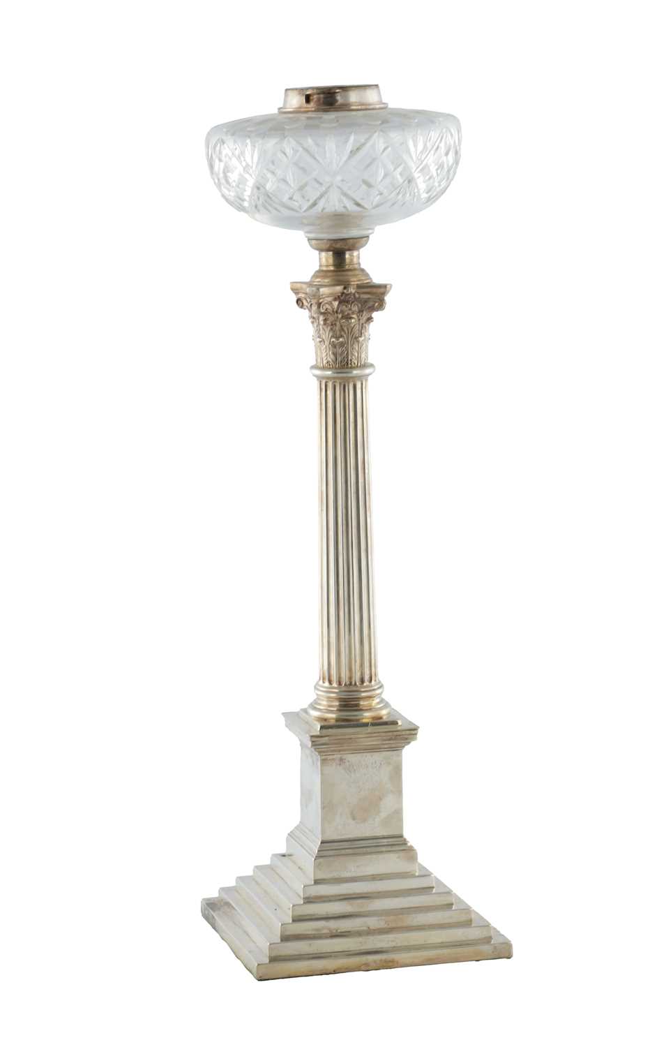 Lot 223 - AN EDWARDIAN SILVER CORINTHIAN COLUMN OIL LAMP