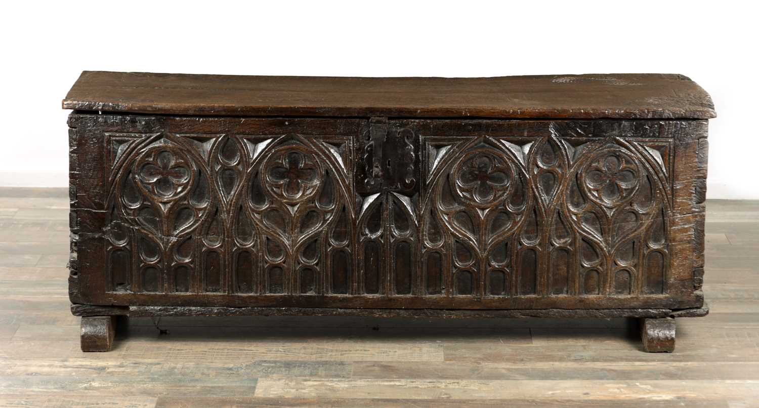 Lot 1754 - A RARE 16TH CENTURY OAK GOTHIC CHEST