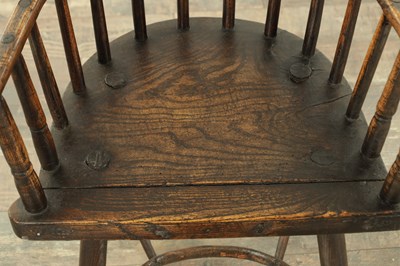 Lot 1726 - AN EARLY 19TH CENTURY ASH AND ELM STICK BACK PRIMITIVE WELSH WINDSOR CHAIR