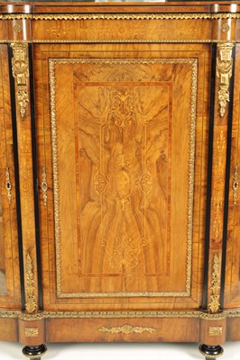 Lot 1593 - A 19TH CENTURY ORMOLU MOUNTED FIGURED WALNUT MIRROR BACK CREDENZA OF SMALL PROPORTIONS