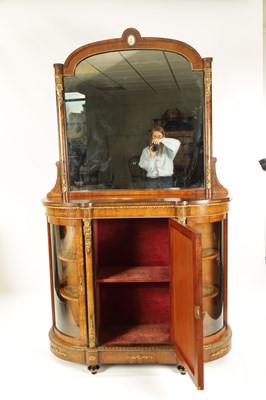 Lot 1593 - A 19TH CENTURY ORMOLU MOUNTED FIGURED WALNUT MIRROR BACK CREDENZA OF SMALL PROPORTIONS
