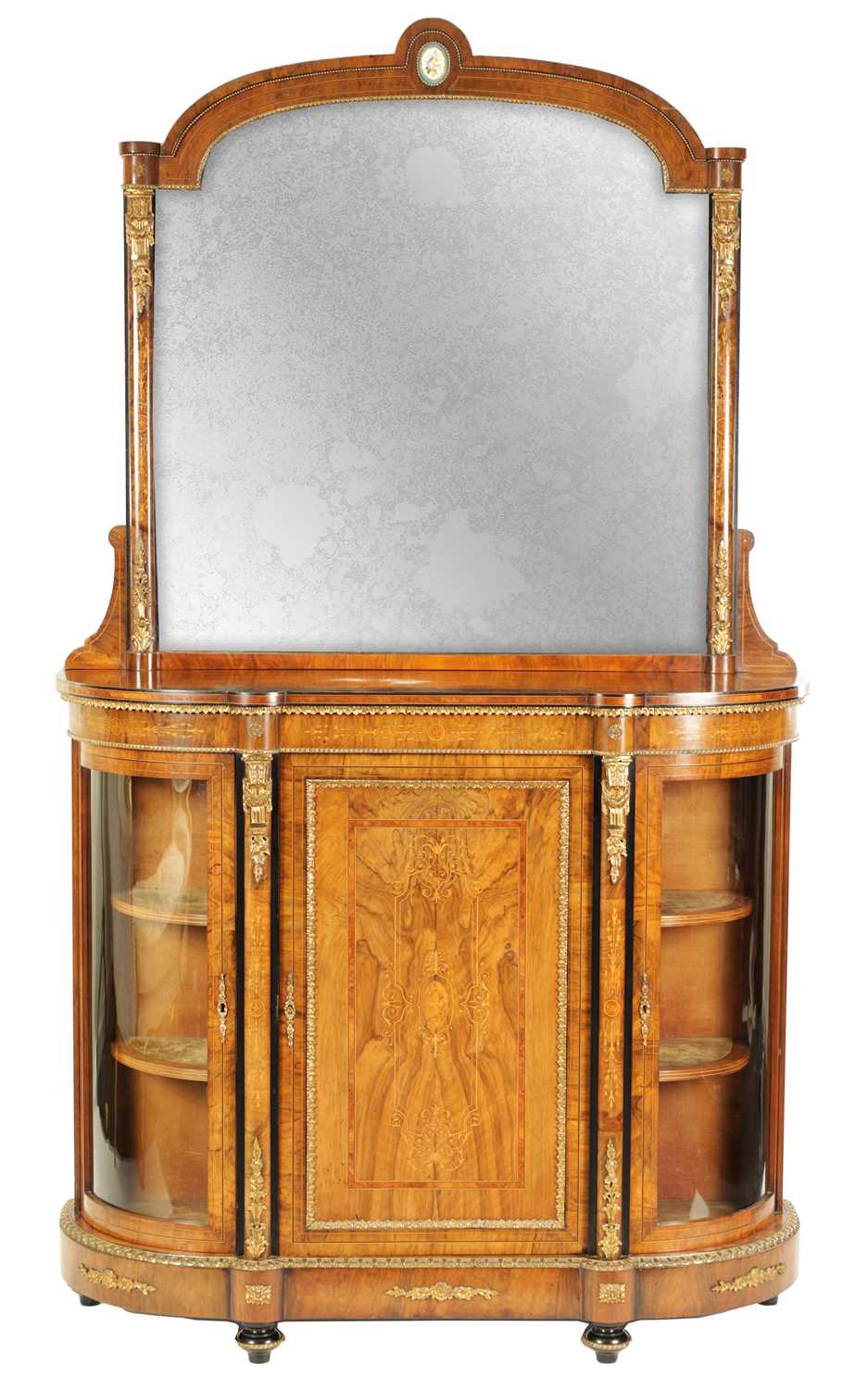 Lot 1593 - A 19TH CENTURY ORMOLU MOUNTED FIGURED WALNUT MIRROR BACK CREDENZA OF SMALL PROPORTIONS