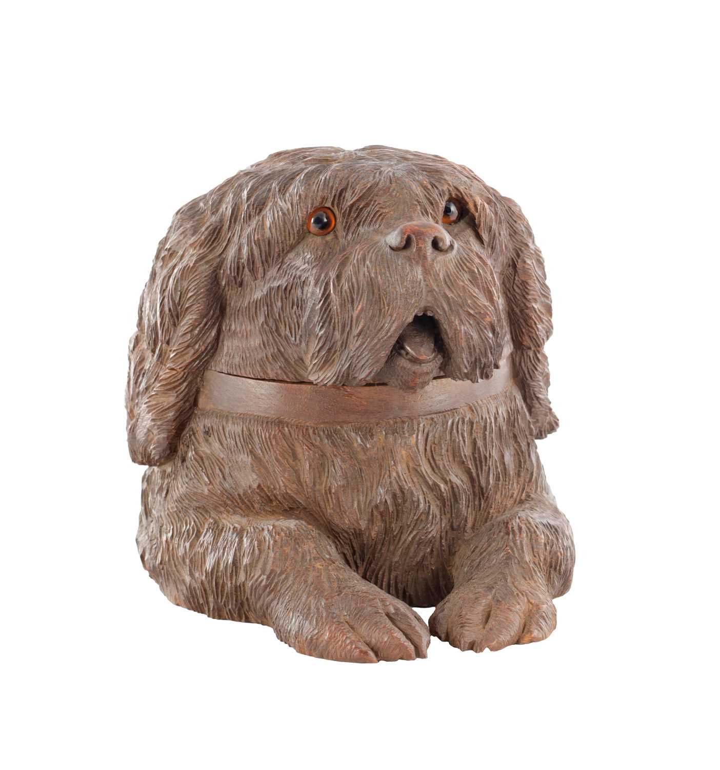 Lot 945 - A 19TH CENTURY BLACK FOREST CARVED LINDEN WOOD MUSICAL DOGS HEAD TABACCO BOX