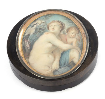 Lot 841 - A 19TH CENTURY TORTOISESHELL CIRCULAR SNUFF BOX WITH MINIATURE ON IVORY TO THE LID