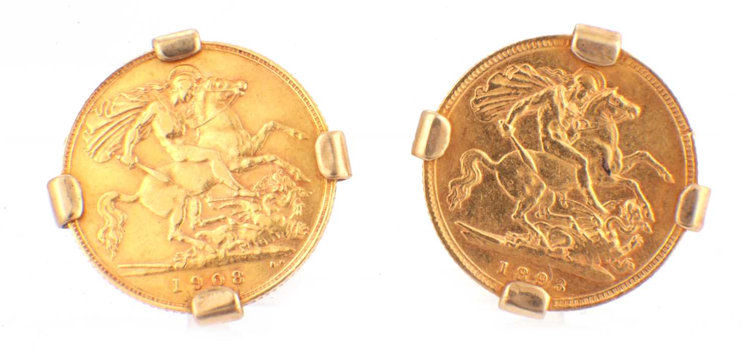 Lot 157 - A PAIR OF HALF-SOVEREIGN CUFFLINKS WITH 9CT GOLD MOUNTS