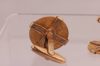 Lot 157 - A PAIR OF HALF-SOVEREIGN CUFFLINKS WITH 9CT GOLD MOUNTS