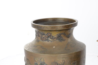 Lot 595 - A JAPANESE MEIJI PERIOD BRONZE AND MIXED METAL GARNITURE