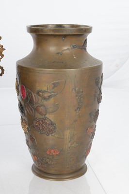 Lot 595 - A JAPANESE MEIJI PERIOD BRONZE AND MIXED METAL GARNITURE