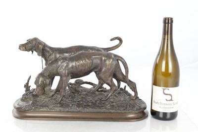 Lot 810 - CHRISTOPHE FRATIN (1801 - 1864). A 19TH CENTURY FRENCH PATINATED BRONZE SCULPTURE OF TWO HOUNDS