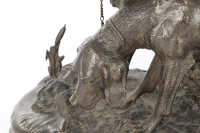 Lot 810 - CHRISTOPHE FRATIN (1801 - 1864). A 19TH CENTURY FRENCH PATINATED BRONZE SCULPTURE OF TWO HOUNDS