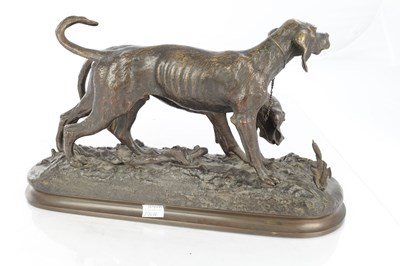 Lot 810 - CHRISTOPHE FRATIN (1801 - 1864). A 19TH CENTURY FRENCH PATINATED BRONZE SCULPTURE OF TWO HOUNDS