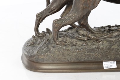 Lot 810 - CHRISTOPHE FRATIN (1801 - 1864). A 19TH CENTURY FRENCH PATINATED BRONZE SCULPTURE OF TWO HOUNDS