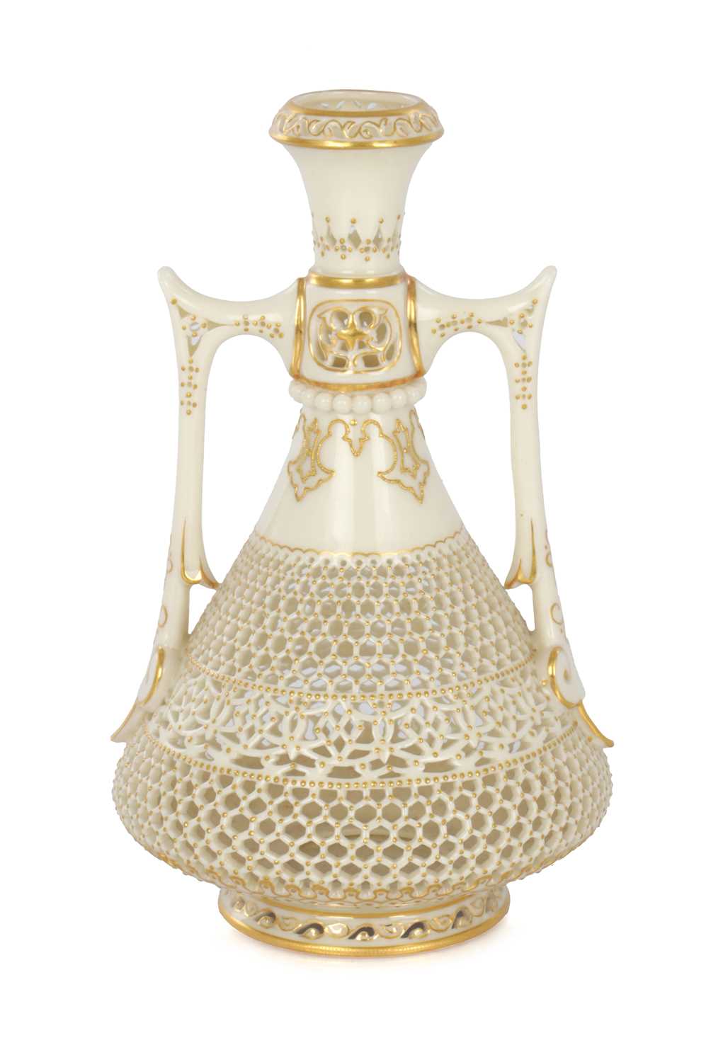 Lot 80 - GEORGE OWEN A FINE ROYAL WORCESTER JEWELLED GILT AND IVORY GROUND TWO-HANDLED FOOTED CABINET VASE