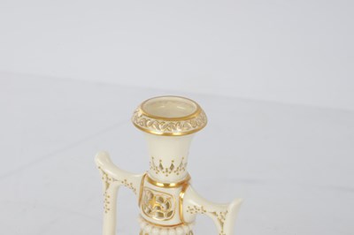 Lot 80 - GEORGE OWEN A FINE ROYAL WORCESTER JEWELLED GILT AND IVORY GROUND TWO-HANDLED FOOTED CABINET VASE