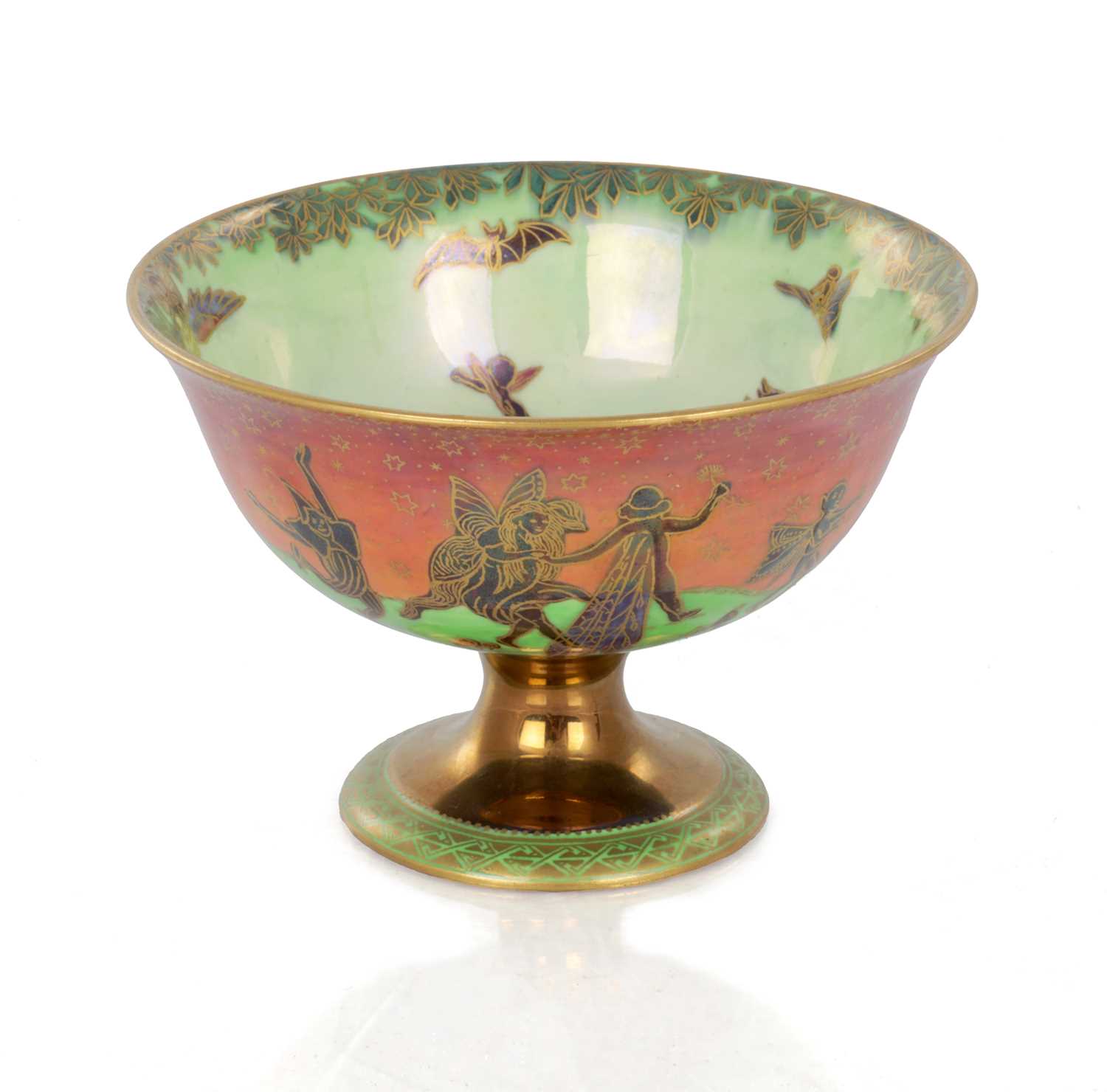 Lot 26 - A FINE DAISY MAKEIG-JONES WEDGWOOD FAIRYLAND LUSTRE FOOTED BOWL DECORATED IN THE "LEAPFROGGING ELVES" PATTERN