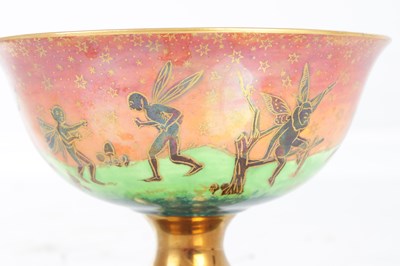 Lot 26 - A FINE DAISY MAKEIG-JONES WEDGWOOD FAIRYLAND LUSTRE FOOTED BOWL DECORATED IN THE "LEAPFROGGING ELVES" PATTERN