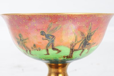Lot 26 - A FINE DAISY MAKEIG-JONES WEDGWOOD FAIRYLAND LUSTRE FOOTED BOWL DECORATED IN THE "LEAPFROGGING ELVES" PATTERN
