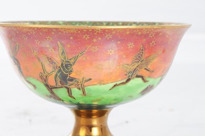 Lot 26 - A FINE DAISY MAKEIG-JONES WEDGWOOD FAIRYLAND LUSTRE FOOTED BOWL DECORATED IN THE "LEAPFROGGING ELVES" PATTERN