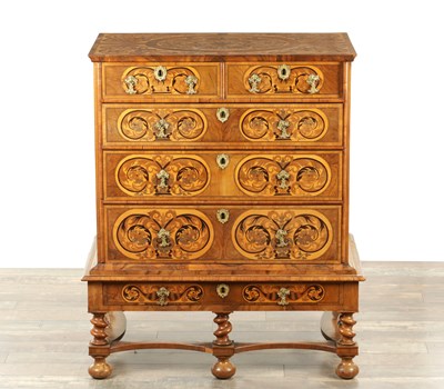 Lot 1643 - A WILLIAM AND MARY MARQUETRY AND BURR WALNUT CHEST ON STAND
