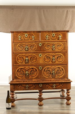 Lot 1643 - A WILLIAM AND MARY MARQUETRY AND BURR WALNUT CHEST ON STAND