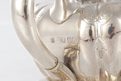 Lot 266 - A FINE 19TH CENTURY SILVER TEAPOT ON STAND OF LEAF SHAPED DESIGN