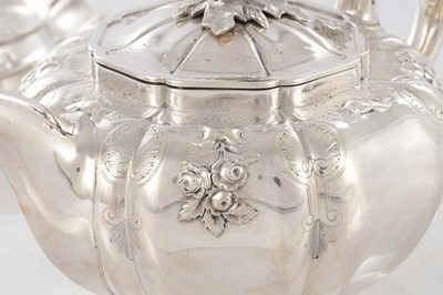 Lot 266 - A FINE 19TH CENTURY SILVER TEAPOT ON STAND OF LEAF SHAPED DESIGN
