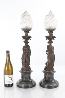 Lot 734 - A PAIR OF 19TH CENTURY BRONZE FIGURAL LAMPS
