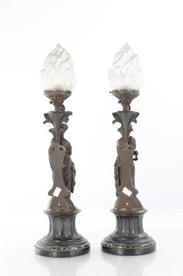 Lot 734 - A PAIR OF 19TH CENTURY BRONZE FIGURAL LAMPS