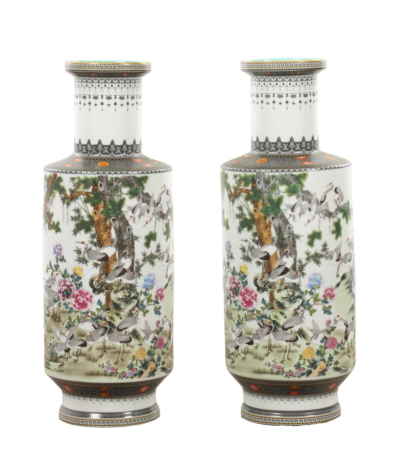 Lot 552 - A LARGE PAIR OF CHINESE REPUBLIC FAMILLE ROSE ROULEAU VASES