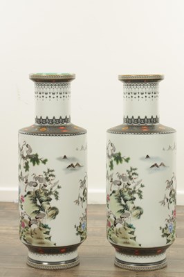 Lot 552 - A LARGE PAIR OF CHINESE REPUBLIC FAMILLE ROSE ROULEAU VASES