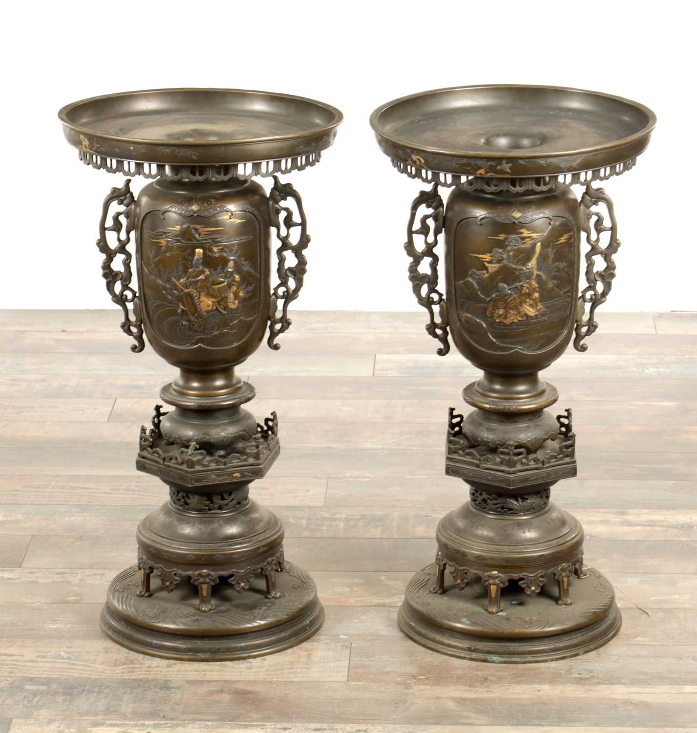 Lot 688 - A LARGE AND IMPRESSIVE PAIR OF JAPANESE MEIJI PERIOD BRONZE SECTIONAL VASES