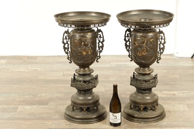 Lot 688 - A LARGE AND IMPRESSIVE PAIR OF JAPANESE MEIJI PERIOD BRONZE SECTIONAL VASES
