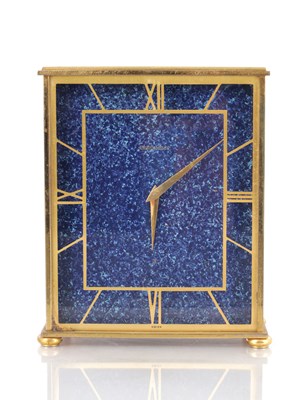 Lot 1377 - JAEGER-LECOULTRE. A SWISS MID 20TH CENTURY GILT BRASS AND FAUX LAPIS LAZULI MANTEL CLOCK