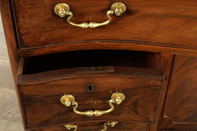 Lot 1719 - A FINE MID 18TH CENTURY MAHOGANY SERPENTINE SHAPED KNEEHOLE DESK IN THE MANNER OF THOMAS CHIPPENDALE