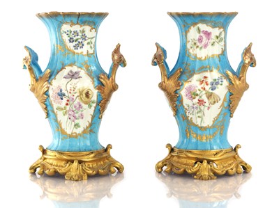 Lot 95 - A PAIR OF 19TH CENTURY FRENCH SEVRES TWO-HANDLED PORCELAIN VASES