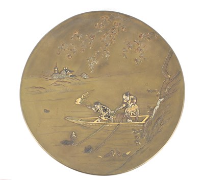 Lot 327 - A JAPANESE MEIJI PERIOD BRONZE AND MIXED METAL HANGING DISH