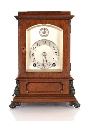 Lot 1582 - A SMALL LATE 19TH CENTURY MAHOGANY FOUR-GLASS QUARTER CHIMING MANTEL CLOCK