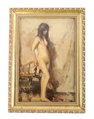 Lot 1212 - ATT. RICHARD SICKERT (1860 - 1942). A 20TH CENTURY OIL ON BOARD NUDE STUDY