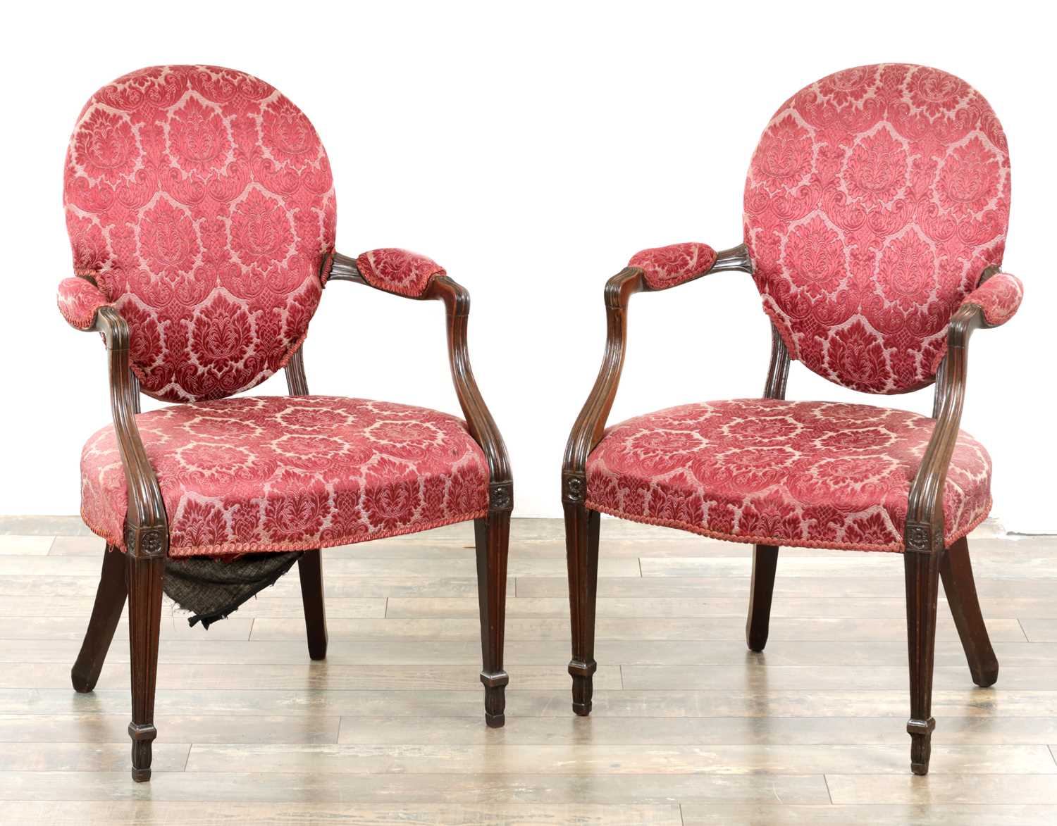 Lot 1610 - A PAIR OF HEPPLEWHITE GEORGE III MAHOGANY ARMCHAIRS